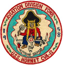 CVA-12 USS Hornet Aviation Division 1958
Namesake. Hornet, are the largest of the eusocial wasps, similar to yellowjackets. Eighth USN ship named Hornet
Ordered. 20 May 1940
Awarded. 9 Sep 1940
Builder. Newport News Shipbuilding, VA
Laid down. 3 Aug 1942
Launched. 30 Aug 1943
Commissioned. 29 Nov 1943
Decommissioned. 15 Jan 1947
Recommissioned. 11 Sep 1953
Decommissioned. 26 Jun 1970
Reclassified:	
CVA-12, 1 Oct 1952
CVS-12, 27 Jun 1958
Stricken. 25 Jul 1989
Status. Museum ship at the USS Hornet Museum in Alameda, Ca
General characteristics (as built)
Class and type. Essex-class aircraft carrier
Displacement:	
27,100 long tons (27,500 t) (standard)
36,380 long tons (36,960 t) (full load)
Length:	
820 feet (249.9 m) (wl)
872 feet (265.8 m) (o/a)
Beam. 93 ft (28.3 m)
Draft. 34 ft 2 in (10.41 m)
Installed power. 8 × Babcock & Wilcox boilers 150,000 shp (110,000 kW)
Propulsion:	
4 × geared steam turbines
4 × screw propellers
Speed. 33 knots (61 km/h; 38 mph)
Range. 14,100 nmi (26,100 km; 16,200 mi) at 20 knots (37 km/h; 23 mph)
Complement. 2,600 officers and enlisted men
Armament:	
12 × 5 in (127 mm) DP guns
32 × 40 mm (1.6 in) AA guns
46 × 20 mm (0.8 in) AA guns
Armor:
Waterline belt: 2.5–4 in (64–102 mm)
Deck: 1.5 in (38 mm)
Hangar deck: 2.5 in (64 mm)
Bulkheads: 4 in (102 mm)
Aircraft carried:	90

