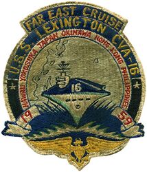 CVS-16 USS Lexington WESTERN PACIFIC Cruise 1959
Namesake. Battle of Lexington, Battle of the American Revolutionary War on 18 Apr 1775 that marked the outbreak of armed conflict between Great Britain and Patriot militias from America's thirteen colonies
Ordered. 9 Sep 1940
Builder. Fore River Shipyard, MA
Laid down. 15 Jul 1941
Launched. 23 Sep 1942
Commissioned. 17 Feb 1943
Decommissioned. 23 Apr 1947
Recommissioned. 15 Aug 1955
Decommissioned. 8 Nov 1991
Reclassified:
CVA-16, 1 Oct 1952
CVS-16, 1 Oct 1962
CVT-16, 1 Jan 1969
AVT-16, 1 Jul 1978
Stricken. 8 Nov 1991
Status. Museum Ship, Corpus Christi, TX
Class and type. Essex-class aircraft carrier
Displacement:
27,100 long tons (27,500 t) (standard)
36,380 long tons (36,960 t) (full load)
Length:
820 feet (249.9 m) (wl)
872 feet (265.8 m) (o/a)
Beam. 93 ft (28.3 m)
Draft. 34 ft 2 in (10.41 m)
Installed power. 8 × Babcock & Wilcox boilers 150,000 shp (110,000 kW)
Propulsion:
4 × geared steam turbines
4 × screw propellers
Speed. 33 knots (61 km/h; 38 mph)
Range. 14,100 nmi (26,100 km; 16,200 mi) at 20 knots (37 km/h; 23 mph)
Complement. 2,600 officers and enlisted men
Armament:
12 × 5 in (127 mm) DP guns
32 × 40 mm (1.6 in) AA guns
46 × 20 mm (0.8 in) AA guns
Armor:
Waterline belt: 2.5–4 in (64–102 mm)
Deck: 1.5 in (38 mm)
Hangar deck: 2.5 in (64 mm)
Bulkheads: 4 in (102 mm)
Aircraft carried. 90

