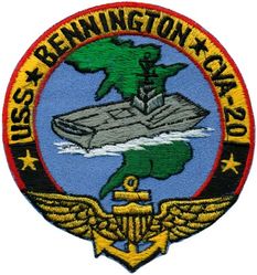CVA-20 USS Bennington 
Namesake. Battle of Bennington, battle of the Revolutionary War, on 16 Aug 1777, part of the Saratoga campaign, on a farm in Walloomsac, NY, near Bennington, VT
Ordered. 15 Dec 1941
Builder. New York Naval Shipyard, NY
Laid down. 15 Dec 1942
Launched. 28 Feb 1944
Commissioned. 6 Aug 1944
Decommissioned. 8 Nov 1946
Recommissioned. 13 Nov 1952
Decommissioned. 15 Janu 1970
Reclassified:	
CVA-20, 1 Oct 1952
CVS-20, 30 Jun 1959
Stricken. 20 Sep 1989
Fate. Scrapped, 12 Jan 1994
Displacement:
27,100 long tons (27,500 t) (standard)
36,380 long tons (36,960 t) (full load)
Length:	
820 feet (249.9 m) (wl)
872 feet (265.8 m) (o/a)
Beam. 93 ft (28.3 m)
Draft. 34 ft 2 in (10.41 m)
Installed power. 8 × Babcock & Wilcox boilers 150,000 shp (110,000 kW)
Propulsion:	
4 × geared steam turbines
4 × screw propellers
Speed. 33 knots (61 km/h; 38 mph)
Range. 14,100 nmi (26,100 km; 16,200 mi) at 20 knots (37 km/h; 23 mph)
Complement. 2,600 officers and enlisted men
Armament:	
12 × 5 in (127 mm) DP guns
32 × 40 mm (1.6 in) AA guns
46 × 20 mm (0.8 in) AA guns
Armor. Waterline belt: 2.5–4 in, Deck: 1.5 in, Hangar deck: 2.5 in, Bulkheads: 4 in
Aircraft carried. 90

