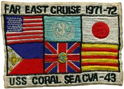 CVA-43 USS Coral Sea WESTERN PACIFIC & VIETNAM CRUISE 1971-1972
Namesake. Coral Sea, The Battle of the Coral Sea, 4-8 May 1942, a major naval battle between the Imperial Japanese Navy (IJN) and naval and air forces of the USA and Australia.
Ordered. 14 Jun 1943
Builder. Newport News Shipbuilding
Laid down. 10 Jul 1944
Launched. 2 Apr 1946
Commissioned. 1 Oct 1947
Reclassified:
CVB-43. 15 Jul 1943
CVA-43. 1 Oct 1952
CV-43. 30 Jun 1975
Decommissioned. 26 Apr 1990
Stricken. 28 Apr 1990
Motto. Older and Bolder
Fate. Scrapped, 8 Sep 2000
Class and type. Midway-class aircraft carrier
Displacement:	
45,000 long tons (46,000 t) (standard)
60,000 long tons (61,000 t) (full load) [3]
Length:
899 ft 9 in (274.24 m) wl
967 ft 8 in (294.94 m) oa
Beam:	
113 ft (34 m) waterline,
136 feet (41 m) flight deck
Draft. 35 ft (11 m)
Installed power. 12 Babcock and Wilcox boilers 212,000 shp (158,000 kW)
Propulsion:	
4 Westinghouse Geared steam turbine sets
4 shafts
Speed. 33 knots (61 km/h; 38 mph)
Range. 15,000 nmi (28,000 km; 17,000 mi) at 15 kn (28 km/h; 17 mph)
Complement. 4,104 officers and men
Sensors and processing systems:
As Built:
1 x SC-2 Surveillance Radar
2 x SG Surface Search Radars (On top Mark-37 GFCS)
1 x SK-2 Air Search Radars
2 x Mk-37 GFCS
Electronic warfare & decoys. As Built: 1 x TDY-2 ECM (Anti-Radar)
Armament:	
As Built: (1949)
14 × 5"/54 caliber Mark 16 guns (14 x 1) 
40 × 3"/50 caliber guns (20 x 2)  
28 × Oerlikon 20 mm cannons (14 x 2)  
After SCB-110A Overhaul: (1960's)  
6 x 5"/54 caliber Mark 16 guns, (6 x 1) or (3 x 1)
After SCB-101.66 modernization: (1980's) 3 x Phalanx CIWS (1 x 3)
Aircraft carried:	Up to 130 (World War II); 65-70 (1980s)
Aviation facilities:	
As Built: (1949)
2 x Centreline Elevator, 1 x Deck edge Elevator, 2 x H-41 hydraulic catapults, 3 x Arresting Wires, 6 x Barricades
As Retired:
At least 4 or more Bomb elevators, 2 Hangar Bays, 3 Deck Edges elevators (2 Starboard and 1 Portside)

