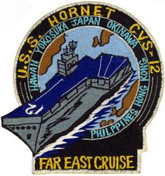CVS-12 USS Hornet FAR EAST CRUISE 1960
Namesake. Hornet, are the largest of the eusocial wasps, similar to yellowjackets. Eighth USN ship named Hornet
Ordered. 20 May 1940
Awarded. 9 Sep 1940
Builder. Newport News Shipbuilding, VA
Laid down. 3 Aug 1942
Launched. 30 Aug 1943
Commissioned. 29 Nov 1943
Decommissioned. 15 Jan 1947
Recommissioned. 11 Sep 1953
Decommissioned. 26 Jun 1970
Reclassified:	
CVA-12, 1 Oct 1952
CVS-12, 27 Jun 1958
Stricken. 25 Jul 1989
Status. Museum ship at the USS Hornet Museum in Alameda, Ca
General characteristics (as built)
Class and type. Essex-class aircraft carrier
Displacement:	
27,100 long tons (27,500 t) (standard)
36,380 long tons (36,960 t) (full load)
Length:	
820 feet (249.9 m) (wl)
872 feet (265.8 m) (o/a)
Beam. 93 ft (28.3 m)
Draft. 34 ft 2 in (10.41 m)
Installed power. 8 × Babcock & Wilcox boilers 150,000 shp (110,000 kW)
Propulsion:	
4 × geared steam turbines
4 × screw propellers
Speed. 33 knots (61 km/h; 38 mph)
Range. 14,100 nmi (26,100 km; 16,200 mi) at 20 knots (37 km/h; 23 mph)
Complement. 2,600 officers and enlisted men
Armament:	
12 × 5 in (127 mm) DP guns
32 × 40 mm (1.6 in) AA guns
46 × 20 mm (0.8 in) AA guns
Armor:
Waterline belt: 2.5–4 in (64–102 mm)
Deck: 1.5 in (38 mm)
Hangar deck: 2.5 in (64 mm)
Bulkheads: 4 in (102 mm)
Aircraft carried:	90

WESTERN PACIFIC CRUISE, 17 May-18 Dec 1960, Pearl Harbor, HI, Yokosuka, Japan, Buckner Bay, Okinawa, Kobe, Japan, Subic Bay & Manila, Philippines & Hong Kong

