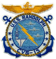CVS-15 USS Randolph 
Namesake. Peyton Randolph, (1721-1775) was an American politician and Founding Father of the USA
Builder. Newport News Shipbuilding, VA
Laid down. 10 May 1943
Launched. 28 Jun 1944
Commissioned. 9 Oct 1944
Decommissioned. 25 Feb 1948
Recommissioned. 1 Jul 1953
Decommissioned. 13 Feb 1969
Stricken	. 1 Jun 1973
Fate. Scrapped, 24 May 1975
Class and type. Essex-class aircraft carrier
Displacement. 27,100 long tons (27,500 t) standard
Length. 888 feet (271 m) overall
Beam. 93 feet (28 m)
Draft. 28 feet 7 inches (8.71 m)
Installed power	. 8 × boilers 150,000 shp (110 MW)
Propulsion:	
4 × geared steam turbines
4 × shafts
Speed. 33 knots (61 km/h; 38 mph)
Complement. 3448 officers and enlisted
Armament:	
12 × 5 inch (127 mm)/38 caliber guns
32 × Bofors 40 mm guns
46 × Oerlikon 20 mm cannons
Armor. Belt: 4 in (102 mm), Hangar deck: 2.5 in (64 mm), Deck: 1.5 in (38 mm), Conning tower: 1.5 inch
Aircraft carried	90–100 aircraft

