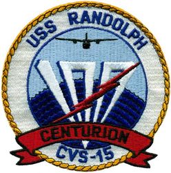 CVS-15 USS Randolph 100 Carrier Landings
Namesake. Peyton Randolph, (1721-1775) was an American politician and Founding Father of the USA
Builder. Newport News Shipbuilding, VA
Laid down. 10 May 1943
Launched. 28 Jun 1944
Commissioned. 9 Oct 1944
Decommissioned. 25 Feb 1948
Recommissioned. 1 Jul 1953
Decommissioned. 13 Feb 1969
Stricken	. 1 Jun 1973
Fate. Scrapped, 24 May 1975
Class and type. Essex-class aircraft carrier
Displacement. 27,100 long tons (27,500 t) standard
Length. 888 feet (271 m) overall
Beam. 93 feet (28 m)
Draft. 28 feet 7 inches (8.71 m)
Installed power	. 8 × boilers 150,000 shp (110 MW)
Propulsion:	
4 × geared steam turbines
4 × shafts
Speed. 33 knots (61 km/h; 38 mph)
Complement. 3448 officers and enlisted
Armament:	
12 × 5 inch (127 mm)/38 caliber guns
32 × Bofors 40 mm guns
46 × Oerlikon 20 mm cannons
Armor. Belt: 4 in (102 mm), Hangar deck: 2.5 in (64 mm), Deck: 1.5 in (38 mm), Conning tower: 1.5 inch
Aircraft carried	90–100 aircraft

