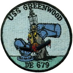 DE-679 USS Greenwood 
Namesake. Frank Greenwood, (1915-1942) USN officer killed 12 Nov 1942 when his ship USS Erie was torpedoed while on convoy duty in the Caribbean.
Builder. Fore River Shipyard, Quincy, MA
Laid down. 29 Jun 1943
Launched. 21 Aug 1943
Commissioned. 25 Sep 1943
Decommissioned. 1 Aug 1962
Stricken. 20 Feb 1967
Fate. Sold for scrap, 6 Sep 1967
Class & type. Buckley-class destroyer escort
Displacement. 1,740 tons full, 1,400 tons, standard
Length.	306 ft 0 in (93 m)
Beam. 36 ft 9 in (11.20 m)
Draft. 13 ft 6 in (4.11 m)
Propulsion.	
GE turbo-electric drive
12,000 shp (8.9 MW)
two propellers
Speed. 24 knots (44 km/h)
Range. 4,940 nautical miles (9,150 km) at 12 knots (22 km/h)
Complement. 15 officers, 198 men
Armament.	
3 × 3 in (76 mm) DP guns
3 × 21 in (53 cm) torpedo tubes
1 × 1.1 in (28 mm) quad AA gun
8 × 20 mm cannon
1 × hedgehog projector
2 × depth charge tracks
8 × K-gun depth charge projectors

