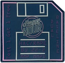 576th Flight Test Squadron HAC/RMPE BU 22-2
Shaped like the 3.5-inch floppy disc that's used to load the HAC/RMPE executable software during startup of a REACT console, this patch commemorates the final planned revision to the software using floppy discs. A program called Launch Control Center Block Upgrade (LCCBU) is
planned to replace these with solid state memory devices called Removable Storage Media (RSM) as of August 2022. Regarding the software itself, HAC/RMPE (Higher Authority Communications/Rapid Processing Message Element) is the communications integrator software for the REACT console, and it changes every 6 months or so based on revision changes to the USSTRATCOM OPLAN (formerly called the SIOP). The "22-2" displayed on this patch indicates the second update in CY 2022. REV22-2 is the last dual baseline software test that the 576 FLTS plans to conduct. Dual baseline is for the MMP and MMPU versions of the software which require double the amount of testing to certify for use in the field. So, the Air Force gets two for one with the dual baseline tests, hence the "Test 1, Get 1 Free" on this patch, which, in conjunction with the "Happy HOUR" sign, alludes to the Buy One-Get One Free option offered at some bars at certain times. Back to the patch, there is a bit of sarcasm here because the MMP version may not be needed since there are only two LCCs left in the fleet that have not yet been converted to MMPU.  (Source: AAFM Patch Gallery)

