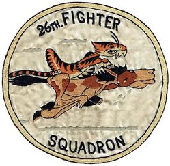 26th Pursuit Squadron, Interceptor, 26th Pursuit Squadron, Fighter, 26th Fighter Squadron, Twin Engine & 26th Fighter Squadron
Constituted as 26 Pursuit Squadron (Interceptor) on 20 Nov 1940. Activated on 15 Jan 1941. Redesignated: 26 Pursuit Squadron (Fighter) on 12 Mar 1941; 26 Fighter Squadron (Twin Engine) on 15 May 1942; 26 Fighter Squadron on 1 Jun 1942. Inactivated on 13 Dec 1945.

Insignia approved on 20 Mar 1945. Chinese made, embroidered on silk.

Stations. Hamilton Field, CA, 15 Jan 1941; March Field, CA, 10 Jun 1941-11 Jan 1942; Karachi, India, 13 Mar 1942; Dinjan, India, 10 Oct 1942; Kunming, China, c. 7 Oct 1943 (detachments operated from Nanning, China, c. 8 Mar-Nov 1944; Liangshan, China, May-20 Jun 1944; Kweilin, China, 20-30 Jun 1944; Poseh, China, Jan 1945; Liangshan, China, Jan and Mar 1945; Laohokow, China, Jan-Feb 1945); Nanning, China, 1 Aug 1945; Loping, China, Sep-Nov 1945; Ft Lewis, WA, 12-13 Dec 1945.

