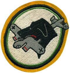 361st Fighter Squadron P-47 #274702 Nose Art
Constituted 361st Fighter Squadron on 8 Dec 1942. Activated on 12 Dec 1942. Inactivated on 11 Nov 1945.

Insignia. English embroidered on wool. Personal nose art patch of Lt. Sidney Hewitt on P-47 Thunderbolt #274702 of his black Labrador retriever carrying a Dornier DO 217 bomber.

Stations. Westover Field, MA, 12 Dec 1942; New Haven AAFld, CT, 2 Mar 1943; Bradley Field, Conn, 19 Apr 1943; Westhampton, NY, 8 Jun 1943; Grenier Field, NH, 4 Jul-1.5 Aug 1943; Goxhill, England, 27 Aug 1943; Martlesham, England, 9 Oct 1943-28 Oct 1945; Camp Myles Standish, MA, 10-11 Nov 1945.


