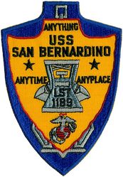 LST-1189 USS San Bernardino 
Namesake. San Bernardino, CA
Builder. National Steel and Shipbuilding Company, San Diego, California
Laid down. 12 Jul 1969
Launched. 28 Mar 1970
Commissioned. 27 Mar 1971
Decommissioned. 30 Sep 1995
Fate. Transferred to Chile, 30 Sep 1995
Class and type. Newport-class tank landing ship
Displacement:	
4,793 long tons (4,870 t) light
8,342 long tons (8,476 t) full load
Length:	
522 ft 4 in (159.2 m) oa
562 ft (171.3 m) over derrick arms
Beam. 69 ft 6 in (21.2 m)
Draft. 17 ft 6 in (5.3 m) max
Propulsion:	
2 shafts
6 Alco diesel engines (3 per shaft)
16,500 shp (12,300 kW)
Bow thruster
Speed. 22 knots (41 km/h; 25 mph) max
Range. 2,500 nmi (4,600 km; 2,900 mi) at 14 knots (26 km/h; 16 mph)
Troops. 431 max
Complement. 213
Sensors and processing systems.	
2 × Mk 63 GCFS
SPS-10 radar
Armament. 2 × twin 3"/50 caliber guns
Aviation facilities. Helicopter deck

