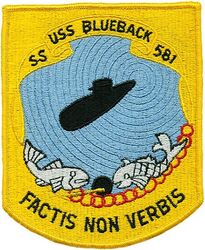 SS-581 USS Blueback
Namesake. Blueback, rainbow or steelhead trout
Awarded. 29 June 1956
Builder. Ingalls Shipbuilding, Pascagoula, MS
Laid down. 15 Apr 1957
Launched. 16 May 1959
Commissioned. 15 Oct 1959
Decommissioned. 1 Oct 1990
Stricken . 30 Oct 1990
Status. Donated to the Oregon Museum of Science and Industry
Class and type. Barbel-class diesel-electric attack submarine
Displacement:
1,744 tons (1,778 t) light
2,146 tons (2,180 t) full
2,637 tons (2,679 t) submerged
402 tons (408 t) dead
Length. 219 ft 6 in (66.90 m) overall
Beam. 29 ft (8.8 m)
Draft. 5 ft (7.6 m) max
Propulsion:
3 × Fairbanks-Morse diesel engines, total 3,150 bhp (2.3 MW)
2 × General Electric electric motors, total 4,800 bhp (3.6 MW)
Speed. 12 knots (22 km/h) surfaced; 25 knots (46 km/h) submerged
Endurance. 30 minutes at full speed; 102 hours at 3 knots
Test depth. 712 ft (217 m) operating; 1,050 ft (320 m) collapse
Complement. 10 officers, 69 men
Armament. 6 × 21 inch (533 mm) bow torpedo tubes, 18 torpedoes

