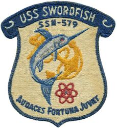 SSN-579 USS Swordfish
Namesake. Swordfish (Xiphias gladius), a large, highly migratory predatory fish
Builder. General Dynamics Electric Boat, Groton, CT
Ordered. 18 Jul 1955
Laid down. 21 Jul 1955
Launched. 16 May 1957
Commissioned. 23 Dec 1957
Decommissioned. 12 Sep 1986
Stricken . 30 Oct 1986
Fate. Disposed of by submarine recycling 6 Mar 1995
Class and type. Skate-class attack submarine
Displacement:
2,550 long tons (2,590 t) surfaced
2,848 long tons (2,894 t) submerged
Length. 267 ft 7 in (81.56 m)
Beam. 25 ft (7.6 m)
Propulsion. S3W reactor
Speed. 15.5 knots (17.8 mph; 28.7 km/h) surfaced: 18 kn (21 mph; 33 km/h) submerged
Complement. 8 officers and 76 men
Armament. 8× 21 in (530 mm) torpedo tubes (6 forward, 2 aft)


