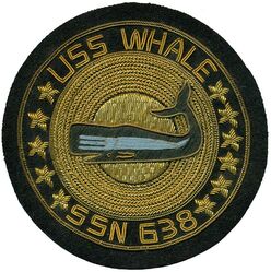 SSN-638 USS Whale
Namesake. The whale, a fully aquatic placental marine mammal
Builder. General Dynamics Quincy Shipbuilding Division, Quincy, Massachusetts
Laid down. 27 May 1964
Launched. 14 Oct 1966
Commissioned. 12 Oct 1968
Decommissioned. 25 Jun 1996
Stricken 25 Jun 1996
Honors and awards. Battle Efficiency Award (Battle "E") (1991)
Fate. Scrapping via Ship and Submarine Recycling Program, 29 Sep 1997
Class and type. Sturgeon-class attack submarine
Displacement:
3,860 long tons (3,922 t) surfaced
4,640 long tons (4,714 t) submerged
Length. 292 ft 3 in (89.08 m)
Beam. 31 ft 8 in (9.65 m)
Draft. 28 ft 8 in (8.74 m)
Installed power. 15,000 shp (11,185.5 kW)
Propulsion:
1 × S5W nuclear reactor
2 × steam turbines
1 × shaft
Speed: 15 kn (28 km/h; 17 mph) surfaced; 25 knots (46 km/h; 29 mph) submerged
Test depth. 1,300 ft (396 m)
Complement. 107
Armament:
4 × 21-inch (533 mm) torpedo tubes
Mark 48 torpedoes
UUM-44A SUBROC missiles
UGM-84A/C Harpoon missiles
Tomahawk cruise missiles

