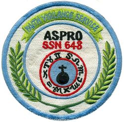 SSN-648 USS Aspro
Namesake. The aspro, a fish found abundantly in the upper Rhone River
Ordered. 26 Mar 1963
Builder. Ingalls Shipbuilding, Pascagoula, Mississippi
Laid down. 23 Nov 1964
Launched. 29 Nov 1967
Commissioned. 20 Feb 1969
Decommissioned. 31 Mar 1995
Stricken . 31 Mar 1995
Homeport. Pearl Harbor, HI
Motto. Faith – Vigilance – Service
Honors and awards: Battle Efficiency Award (Battle E) three times 1990–1994; Meritorious Unit Commendation 1994
Fate. Scrapping via Ship and Submarine Recycling Program begun 1 Oct 1999, completed 3 Nov 2000
Class and type. Sturgeon-class attack submarine
Displacement:
4,140 long tons (4,206 t) surfaced
4,650 long tons (4,725 t) submerged
Length. 292 ft (89 m)
Beam. 31 ft 8 in (9.65 m)
Draft. 28 ft 8 in (8.74 m)
Installed power. 15,000 shaft horsepower (11.2 megawatts)
Propulsion. One S5W nuclear reactor, two steam turbines, one screw
Speed. 15 knots surfaced; 25 knots submerged
Test depth. 1,300 feet (400 meters)
Complement. 108
Armament:
4 × 21-inch (533 mm) torpedo tubes
Mark 48 torpedoes
UUM-44A SUBROC missiles
Tube-launched mobile mines
Tomahawk cruise missiles
Harpoon Anti-ship missiles

USS ASPRO SSN 648 FAITH VIGILANCE SERVICE

