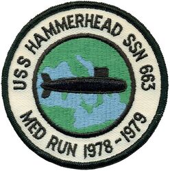 SSN-663 USS Hammerhead MEDITERRANEAN CRUISE 1978-1979
Namesake. The sea devil (Manta birostria), also known as the manta ray and devil ray
Ordered. 28 May 1964
Builder. Newport News Shipbuilding and Dry Dock Company, Newport News, Virginia
Laid down. 12 Apr 1966
Launched. 5 Oct 1967
Commissioned. 30 Jan 1969
Decommissioned. 16 Oct 1991
Stricken . 6 Oct 1991
Fate. Scrapping via Ship and Submarine Recycling Program begun 1 Mar 1998, completed 7 Sep 1999
Class and type. Sturgeon-class attack submarine
Displacement:
3,860 long tons (3,922 t) light
4,268 long tons (4,336 t) full
408 long tons (415 t) dead
Length. 292 ft 3 in (89.08 m)
Beam. 31 ft 8 in (9.65 m)
Draft. 28 ft 8 in (8.74 m)
Installed power. 15,000 shaft horsepower (11.2 megawatts)
Propulsion. One S5W nuclear reactor, two steam turbines, one screw
Speed:
15 knots (28 km/h; 17 mph) surfaced
25 knots (46 km/h; 29 mph) submerged
Test depth. 1,300 feet (400 meters)
Complement. 108
Armament. 4 × 21-inch (533 mm) torpedo tubes

