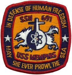 SSN-691 USS Memphis
Namesake. The City of Memphis, TN
Awarded. 4 Feb 1971
Builder. Newport News Shipbuilding
Laid down. 23 Jun 1973
Launched. 3 Apr 1976
Commissioned. 17 Dec 1977
Decommissioned. 1 Apr 2011
Stricken. 1 Apr 2011
Status. Stricken, to be disposed of by submarine recycling
Class & type. Los Angeles-class submarine
Displacement:	
5,716 tons light
6,087 tons full
371 tons dead
Length. 110.3 m (361 ft 11 in)
Beam. 10 m (32 ft 10 in)
Draft. 9.4 m (30 ft 10 in)
Propulsion. S6G nuclear reactor, 2 turbines, 35,000 hp (26 MW), 1 auxiliary motor 325 hp (242 kW), 1 shaft
Speed:	
15 knots (28 km/h) surfaced
32 knots (59 km/h) submerged
Test depth. 290 m (950 ft)
Complement. 12 Officers; 98 Enlisted
Armament. 4 × 21 in (533 mm) bow tubes

