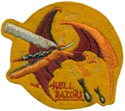 BOMBING SQUADRON 81 (VB-81) 
Established as Bombing Squadron EIGHTY ONE (VB-81) on 1 Mar 1944. Redesignated Attack Squadron THIRTEEN A (VA-13A) on 15 Nov 1946; Attack Squadron ONE HUNDRED THIRTY FOUR (VA-134) on 2 Aug 1948; Fighter Squadron ONE HUNDRED SEVENTY FOUR (VF-174) on 15 Feb 1950; Attack Squadron ONE HUNDRED SEVENTY FOUR (VA-174) on 1 Jul 1966. Disestablished on 30 June 1988.

Insignia approved by CNO on 23 May 1944. Us made, schiffli embroidery on wool

Deployments.
10 Nov 1944 – 27 Dec 1944, CV-18 USS Wasp, CVG-81, Curtiss SB2C-3 Helldiver

Stations. NAS Wildwood, NJ. 1 Mar 1944; NAAF Otis Field, MA. 8 May 1944; NAS San Diego, CA. 10 Aug 1944; NAS Puunene, TH. 1 Sep 1944; NAS Guam, Marianas. 27 Dec 1944; NAS San Diego, CA. 31 Mar 1945; NAS Pasco, WA. 13 May 1945; NAS Wildwood, NJ. 05 Aug 1945; NAS Quonset Point, RI. 19 Sep 1945; NAS San Diego, CA. Jul 1946

