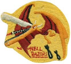 BOMBING SQUADRON 81 (VB-81) 
Established as Bombing Squadron EIGHTY ONE (VB-81) on 1 Mar 1944. Redesignated Attack Squadron THIRTEEN A (VA-13A) on 15 Nov 1946; Attack Squadron ONE HUNDRED THIRTY FOUR (VA-134) on 2 Aug 1948; Fighter Squadron ONE HUNDRED SEVENTY FOUR (VF-174) on 15 Feb 1950; Attack Squadron ONE HUNDRED SEVENTY FOUR (VA-174) on 1 Jul 1966. Disestablished on 30 June 1988.

Insignia approved by CNO on 23 May 1944. Us made, schiffli embroidery on wool

Deployments.
10 Nov 1944 – 27 Dec 1944, CV-18 USS Wasp, CVG-81, Curtiss SB2C-3 Helldiver

Stations. NAS Wildwood, NJ. 1 Mar 1944; NAAF Otis Field, MA. 8 May 1944; NAS San Diego, CA. 10 Aug 1944; NAS Puunene, TH. 1 Sep 1944; NAS Guam, Marianas. 27 Dec 1944; NAS San Diego, CA. 31 Mar 1945; NAS Pasco, WA. 13 May 1945; NAS Wildwood, NJ. 05 Aug 1945; NAS Quonset Point, RI. 19 Sep 1945; NAS San Diego, CA. Jul 1946

