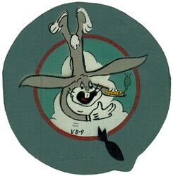 Bombing Squadron NINE (VB-9)
Established as Bombing Squadron NINE (VB-9) on 1 Mar 1942.Disestablished on 28 Sep 1945.

Insignia approved by CNO on 27 Jul 1944. US made, painted on canvas.

Deployments.
31 Aug 1943-Dec 1943, CV-9 USS Essex, CVG-9, Douglas SBD-5 Dauntless
16 Jan 1944-22 Feb 1944, CV-9 USS Essex, CVG-9, Douglas SBD-5 Dauntless
10 Feb 1945-5 Mar 1945, CV-16 USS Lexington, CVG-9, Curtiss SB2C-4 Helldiver
6 Mar 1945-13 Jun 1945, CV-10 USS Yorktown, CVG-9, Curtiss SB2C-4 Helldiver

