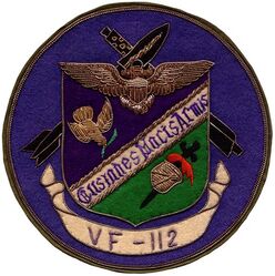 Fighter Squadron 112 (VF-112)
Established as Bombing Fighter Squadron ELEVEN (VBF-11) on 9 Apr 1945. Redesignated Fighter Squadron TWELVE A (VF-12A) on 15 Nov 1946. Redesignated Fighter Squadron ONE HUNDRED TWELVE (VF-112) on 15 Jul 1948. Redesignated Attack Squadron ONE HUNDRED TWELVE (VA-112) on 15 Feb 1959. Disestablished on 10 Oct 1969. The first squadron to be assigned the designation VA-112.

Insignia approved by CNO on 12 Jul 1948. Japanese made, bullion embroidery on multi-piece wool.

Deployments:
5 Jul 1950-26 Mar 1951, USS Philippine Sea (CV-47), CVG-11, F9F-2B, Western Pacific (Korea)
26 Mar 1951-7 Apr 1951, USS Valley Forge, (CV-45), CVG-11, F9F-2B, Western Pacific (Korea)
31 Dec 1951-8 Aug 1952, USS Philippine Sea (CV-47), CVG-11, F9F-2B, Western Pacific (Korea)
1 Jul 1953-18 Jan 1954, USS Kearsage (CVA-33), CVG-11, F9F-5, Western Pacific
7 Oct 1954-12 May 1955, USS Kearsage (CVA-33), CVG-11, F9F-6, Western Pacific
16 Jul 1956-26 Jan 1957, USS Essex (CVA-9), CVG-11, F9F-8B, Western Pacific
4 Oct 1958-16 Feb 1959, USS Ticonderoga (CVA-14) ATG-1, F3H-2, Western Pacific

