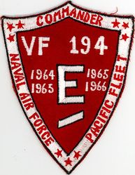 Fighter Squadron 194 (VF-194) (3rd) Battle Effectiveness Award 1964-1965 & 1965-1966
Established as Fighter Squadron NINETY ONE (VF-91) (2nd) on 26 Mar 1952. Redesignated Fighter Squadron ONE HUNDRED NINETY FOUR (VF-194) (3rd) “Red Lightning” on 1 Aug 1963. Disestablished on 1 Mar 1978. Reestablished on 1 Dec 1986. Disestablished on 29 Apr 1988.

Vought F8U-1/2/F-8E/J Crusader, 1963-1976
McDonnell Douglas F-4J Phantom II, 1976-1978

Deployments.
28 Jan 1964-21 Nov 1964 USS Bon Homme Richard (CVA-31) CVW-19, F-8C, WestPac/IO
21 Apr 1965-13 Jan 1966 USS Bon Homme Richard (CVA-31) CVW-19, F-8E, WestPac/Vietnam	
15 Oct 1966-29 May 1967 USS Bon Homme Richard (CVA-31) CVW-19, F-8E, WestPac/Vietnam	
28 Dec 1967-17 Aug 1968 USS Bon Homme Richard (CVA-31) CVW-19, F-8E, WestPac/Vietnam	
14 Apr 1969-17 Nov 1969 USS Oriskany (CVA-34) CVW-19, F-8J, WestPac/Vietnam
14 May 1970-10 Dec 1970 USS Oriskany (CVA-34) CVW-19, F-8J,	WestPac/Vietnam
14 May 1971-18 Dec 1971 USS Oriskany (CVA-34) CVW-19, F-8J, WestPac/Vietnam
5 Jun 1972-30 Mar 1973 USS Oriskany (CVA-34) CVW-19, F-8J, WestPac/Vietnam	
18 Oct 1973-5 June1974 USS Oriskany (CVA-34) CVW-19, F-8J, WestPac/Vietnam
16 Sep 1975-3 Mar 1976 USS Oriskany (CVA-34) CVW-19, F-8J, WestPac	
15 Feb 1977-5 Oct 1977	USS Coral Sea (CVA-43)	CVW-15, F-4J, WestPac	
24 Jul 1987-5 Aug 1987	USS Enterprise (CVN-65) CVW-10, F-14A, NorPac

