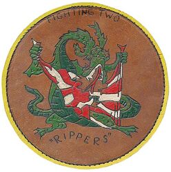 Fighter Squadron 2 (VF-2) 
Established as Fighter Squadron TWO (VF-2) (2nd VF-2) on 1 Jan 1927. Redesignated Fighter Squadron TWO B (VF-2B) on 1 Jul 1927; Fighter Squadron TWO S (VF-2S) on 1 Jul 1932; Fighter Squadron TWO B (VF-2B) in Apr 1933; Fighter Squadron TWO (VF-2) (3rd VF-2) on 1 Jul 1937. Disestablished on 1 Jul 1942. Reestablished on 1 Jun 1943. Disestablished on 9 Nov 1945.

Insignia approved by BuAer on 6 Aug 1932. US made, painted on leather. First war cruise insignia,  discontinued on 21 Apr 1945.

Deployments 
18 Nov 1943-8 Dec 1943, CV-6 USS Enterprise, CVG-6, Grumman F6F-3 Hellcat
14 Feb 1944-20 Mar 1944, CV-12 USS Hornet, CVG-2, Grumman F6F-3 Hellcat
30 Mar 1944-1 May 1944, CV-12 USS Hornet, CVG-2, Grumman F6F-3 Hellcat
11 Jun 1944-5 Aug 1944, CV-12 USS Hornet, CVG-2, Grumman F6F-3 Hellcat 
6 Sep 1944-24 Sep 1944, CV-12 USS Hornet, CVG-2, Grumman F6F-3 Hellcat

