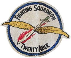 Fighter Squadron TWENTY A (VF-20A)
Established as Fighter Bombing Squadron NINETEEN (VBF-19) on 20 Jan 1945. Redesignated Fighter Squadron TWENTY A (VF-20A) on 15 Nov 1946; Fighter Squadron ONE HUNDRED NINETY TWO (VF-192) on 24 Aug 1948; Fighter Squadron ONE HUNDRED FOURTEEN (VF-114) on 15 Feb 1950. Disestablished on 30 Apr 1993. 

Insignia approval date unknown, used from 1947-1948. US made, schiffli embroidery on wool.

Vought F4U-4 Corsair, 1954-1946
Grumman F8F-1 Bearcat, 1947-1950

