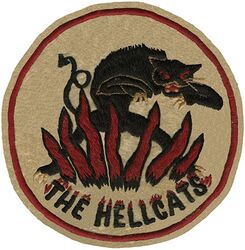 Fighter Squadron 33 (VF-33) (1st)
Established as Escort-Scouting Squadron SIXTEEN (VGS-16) on 8 Aug 1942. Redesignated Composite Squadron SIXTEEN (VC-16) on 1 Mar 1943; Fighter Squadron THIRTY THREE (VF-33) “Hellcats” on 15 Aug 1943. Disestablished on 19 Nov 1945.

Insignia was not officially submitted until 1945, approved by CNO on 28 Mar 1945. Australian embroidery on wool.

Deployments.
Mar 1945-Jul 1945, CVE-26 USS Sangamon, CVEG-33, Grumman	F6F-3/4/5 Hellcat, Westpac
July 1945-Aug 1945, CVE-28 USS Chenango, CVEG-33, Grumman F6F-3/4/5 Hellcat, Westpac

