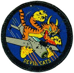 Fighter Squadron 50 (VF-50)
Established as Fighter Squadron FIFTY (VF-50) "Devil Cats" on 10 Aug 1943. Disestablished on 29 Oct 1945.

Insignia approved by CNO 22 Dec 1943. US made, painted on leather.

Deployments. 
Jan 1944-1944, CVL-29 USS Bataan, CVLG-50, Grumman F6F-3 Hellcat
21 Apr 1944-4 Jul, 1944	CVL-29 USS Bataan, CVLG-50, Grumman F6F-5/5P Hellcat
21 Apr 1945-15 Aug 1945, CVL-25 USS Cowpens, CVEG-50, Grumman F6F-5/5P Hellcat

