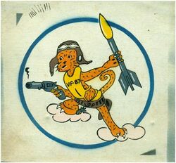 Fighter Squadron 87 (VF-87)
Established as Fighter Squadron EIGHTY SEVEN (VF-87) on 1 Jul 1944. Disestablished on 2 Nov 1945.  

Insignia approval date unknown. US made, silkscreen on canvas

Deployments.
Nov 1944-31 Dec 1944, CV-15 USS Randolph, CVG-87, Grumman F6F-5/5N/5P Hellcat
17 May 1945-3 Jul 1945, CV-14 USS Ticonderoga, CVG-87, Grumman F6F-5/5N/5P Hellcat 
19 Jul 1945-5 Oct 1945, CV-14 USS Ticonderoga, CVG-87, Grumman F6F-5/5N/5P Hellcat
9 Oct 1945-28 Oct 1945, CV-14 USS Ticonderoga, CVG-87, Grumman F6F-5/5N/5P Hellcat


