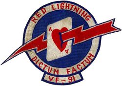 Fighter Squadron 91 (VF-91) (2nd)
Established as Fighter Squadron NINETY ONE (VF-91) (2nd) on 26 Mar 1952. Redesignated Fighter Squadron ONE HUNDRED NINETY FOUR (VF-194) (3rd) “Red Lightning” on 1 Aug 1963. Disestablished on 1 Mar 1978. Reestablished on 1 Dec 1986. Disestablished on 29 Apr 1988.

Grumman F9F-2 Panther, 1952-1954
Grumman F9F-6 Cougar, 1954-1956
North American FJ-3 Fury, 1956-1958
Vought F8U-1/2/F-8E/J Crusader, 1958-1976
McDonnell Douglas F-4J Phantom II, 1976-1978

Insignia approved in 1952.

Deployments.
VF-91
15 Dec 1952-14 Aug 1953 USS Philippine Sea (CV-47) CVG-9, F9F-2, WestPac/Korea	
11 May 1954-12 Dec 1954 USS Hornet (CVA-12) CVG-9, F9F-6, World Cruise
29 Oct 1955-17 May 1956 USS Kearsage	(CVA-33 ) CVG-5, F9F-6,	WestPac
11 Feb 1956-13 Jun 1956 USS Oriskany (CVA-34) CVG-9,	F9F-6, WestPac
16 Sep 1957-25 Apr 1958 USS Ticonderoga (CVA-14) CVG-9, FJ-3, WestPac	
6 Feb 1960-30 Aug 1960 USS Ranger (CVA-61) CVG-9, F8U-2, WestPac	
11 Aug 1961-8 Mar 1962 USS Ranger (CVA-61) CVG-9, F8U-2, WestPac
9 Nov 1962-14 Jun 1963	USS Ranger (CVA-61) CVG-9, F-8C, WestPac	

