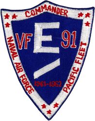 Fighter Squadron 91 (VF-91) (2nd) Battle Efficiency Ribbon 1961-1962
Established as Fighter Squadron NINETY ONE (VF-91) (2nd) on 26 Mar 1952. Redesignated Fighter Squadron ONE HUNDRED NINETY FOUR (VF-194) (3rd) “Red Lightning” on 1 Aug 1963. Disestablished on 1 Mar 1978. Reestablished on 1 Dec 1986. Disestablished on 29 Apr 1988.

Insignia approved by CNO in 1952. Japanese embroidery.

Deployments.
15 Dec 1952-14 Aug 1953 USS Philippine Sea (CV-47) CVG-9, Grumman F9F-2 Panther, WestPac/Korea
11 May 1954-12 Dec 1954 USS Hornet (CVA-12) CVG-9, Grumman F9F-6 Cougar, World Cruise
29 Oct 1955-17 May 1956 USS Kearsage (CVA-33 ) CVG-5, Grumman F9F-6 Cougar, WestPac
11 Feb 1956-13 Jun 1956 USS Oriskany (CVA-34) CVG-9, Grumman F9F-6 Cougar, WestPac
16 Sep 1957-25 Apr 1958 USS Ticonderoga (CVA-14) CVG-9, North American FJ-3 Fury, WestPac
6 Feb 1960-30 Aug 1960 USS Ranger (CVA-61) CVG-9, Vought F8U-2 Crusader, WestPac
11 Aug 1961-8 Mar 1962 USS Ranger (CVA-61) CVG-9, Vought F8U-2 Crusader, WestPac
9 Nov 1962-14 Jun 1963 USS Ranger (CVA-61) CVG-9, Vought F-8C Crusader, WestPac

