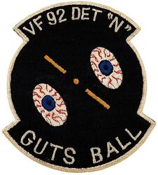 Fighter Squadron 92 (VF-92) (3rd) Detachment N
Established Fighter Squadron NINETY TWO (VF-92) on 26 Mar 1952. Redesignated Fighter Squadron FIFTY FOUR (VF-54) (2nd) on 1 Jun 1963; Fighter Squadron NINETY TWO (VF-92) (3rd) "Silverkings" on 15 Oct 1963. Disestablished on 30 Jun 1975.

Insignia approved by CNO on 6 Apr 1954, designed by John G. Naasz. US made, schiffli embroidery on twill.

Deployments.
VF-92 
20 Nov 1952-25 Jun 1953, CV-45 USS Valley Forge, CVG-5, Vought F4U-4	Corsair
12 Mar 1954-19 Nov 1954, CV-47 Philippine Sea, CVG-5, Grumman F9F-2 Panther
5 Jan 1956-23 Jun 1956, CVA-38 USS Shangri La, ATG-3, Douglas AD-4B Skyraider 
Jul 1958-Aug 1958, CV-10 USS Yorktown, Det. N,	 McDonnell F2H-3 Banshee
16 Sep 1957-25 Apr 1958, CVA-14 USS Ticonderoga, CVG-9, McDonnell F2H-3 Banshee
31 Oct 1958-21 May 1959, CV-10 USS Yorktown, Det. N, 	McDonnell F2H-3 Banshee
6 Feb 1960-30 Aug 1960, CVA-61 USS Ranger, CVG-9, McDonnell F3H-2N Demon
11 Aug 1961-8 Mar 1962, CVA-61 USS Ranger, CVG-9, McDonnell F3H-2 Demon
VF-54
21 Jul 1962-11 Sep 1962, CVA-16 USS Lexington, CVG-5, McDonnell F3H-2N Demon
3 Jan 1963-15 Jul 1963, CVA-14 USS Ticonderoga, CVG-5, McDonnell F3H-2 Demon
VF-92 
5 Aug 1964-6 May 1965, CVA-61 USS Ranger, CVW-9, McDonnell Douglas F-4B Phantom II
26 Oct 1965-21 Jun 1966, CVAN-65 USS Enterprise, CVW-9, McDonnell Douglas F-4B Phantom II
19 Nov 1966-6 July 1967, CVAN-65 USS Enterprise, CVW-9, McDonnell Douglas F-4B Phantom II
3 Jan 1968-18 Jul 1968, CVAN-65 USS Enterprise, CVW-9	, McDonnell Douglas F-4B Phantom II
6 Jan 1969-2 Jul 1969, CVAN-65 USS Enterprise, CVW-9, McDonnell Douglas F-4J Phantom II
10 Apr 1970-21 Dec 1970, CVA-66 USS America, 	CVW-9, McDonnell Douglas F-4J Phantom II
1 Oct 1971-20 Jun 1972, CVA-64 USS Constellation, CVW-9, McDonnell Douglas F-4J Phantom II 
5 Jan 1973-11 Oct 1973, CVA-64 USS Constellation, CVW-9, McDonnell Douglas F-4J Phantom II
21 Jun 1974-22 Dec 1974, CVA-64 USS Constellation, CVW-9, McDonnell Douglas F-4J Phantom II

