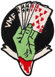 Marine Fighting Squadron 114 (VMF-114) 
Established Marine Fighting Squadron 114 (VMF-114) on 11 Jul 1943. Redesignated Marine Night Fighter Squadron 114 (VMF(N)-114) in Aug 1947; Marine Fighter Squadron 114 (VMF-114) on 7 Jan 1953; Marine All-Weather Fighter Squadron 114 (VMF(AW)-114) on 1 May 1957. Disestablished on 1 Jul 1963. 

Voight F4U-1D Corsair, 1943-1945

First Insignia design, c. 1943. USA made, schiffli embroidery.

