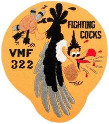 Marine Fighter Squadron 322 (VMF-322) 
Established as Marine Fighter Squadron 322 (VMF-322) "Fighting Gamecocks" on1 Jul 1943. Deactivated on 30 Nov 1949. Reactivated on 6 Jul 1951. Redesignated as Marine Attack Squadron 322 (VMA-322) in May 1958. Decommissioned on 27 Jun 1992.

Vought F4U-1/1D/FG-1D Corsair, 1943-1949

First Insignia design by Walt Disney Studios, c. 1943. Third issue, USA made, schiffli embroidery on wool.

