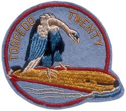 Torpedo Squadron 20 (VT-20) 
Established as Torpedo Squadron TWENTY (VT-20) on 15 Oct 1943. Redesignated Attack Squadron TEN A (VA-10A) on 15 Nov 1946; Attack Squadron NINETY FIVE (VA-95) on 12 Aug 1948. Disestablished on 30 Nov 1949. 

Grumman TBF-1/TBM-1/1C/3E Avenger, 1943-1945

Insignia approved by CNO on 21 Mar 1944. USA made, schiffli embroidery on wool.

Stations. NAS San Diego, CA, 15 Oct 1943; NAS Barbers Point, HI, 21 Apr 1944; NAS Puunene, HI, 17 Jun 1944; NAS San Diego, CA, 23 Feb 1945; NAAF Lewiston, ME, 16 Apr 1945; NAS Edenton, NC, Jun 1945; NAAS Elizabeth City, NC, 02 Nov 1945; NAAS Charlestown, RI, 21 Mar 1946


