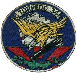 Torpedo Squadron 34 (VT-34)
Established as Torpedo Squadron THIRTY FOUR (VT-34) on 1 Apr 1945. Disestablished on 5 Dec 1945.

Insignia approval unknown. Us made, schiffli embroidery on twill

Deployments. 
13 May 1945-15 Aug 1945, CVL-26 USS Monterey, CVLG-34, Grumman TBM-3E Avenger, WestPac

