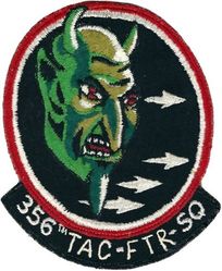 356th Tactical Fighter Squadron 
Reworked FDS patch from factory. FTR-DAY removed and TAC-FTR hand machined in. Large chest sized  patch from 1958.
