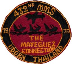 432d Munitions Maintenance Squadron Mayaguez Incident 1975
The 432 TFW supported the Mayaguez incident after the Khmer Rouge seized the U.S. merchant vessel. The U.S. mounted a hastily-prepared rescue operation. Marines recaptured the ship and the crew was released after a fierce battle supported by F-4s of the 432. Mayaguez misspelled on patch, Thai made.
