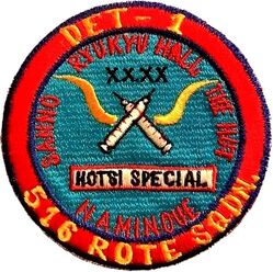 516th Organizational Maintenance Squadron Detachment 1
Det 1 went out to support 516 TCW airlift rotations throughout the Pacific. Names on patch are places (probably cathouses) in the Far East. Japan made.
