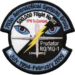703d Aeronautical Systems Group RQ/MQ-1 500,000 Hours
Made for an informal ceremony recognizing a combat mission flown over Iraq on Feb. 18, 2009, when a Predator surpassed a cumulative 500,000 flight hours over the life of the program.
