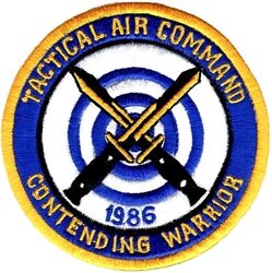 Tactical Air Command Contending Warrior Competition 1986
TAC annual security police competition held at Nellis Air Force Base.
The exercise tests security police skills including combat, marksmanship and tactics. The winner competes in the Air Force-wide competition. Korean made.
