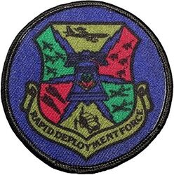 Tactical Air Command Rapid Deployment Force
It was first envisioned as a three-division force in 1979 as the Rapid Deployment Force (RDF), a highly mobile rapid deployment force that could be rapidly moved to locations outside the normal overseas deployments in Europe and Korea. Its charter was expanded and greatly strengthened in 1980 as the RDJTF. It was inactivated in 1983, and re-organized as the United States Central Command (USCENTCOM). Silkscreened patch.
Keywords: subdued
