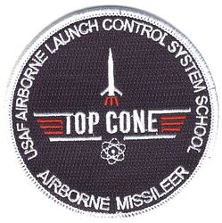 625th Missile Operations Flight Airborne Launch Control System School
This is a recent version of the original Top Cone patch (produced during the ACCS era). Note that the lettering is larger, the missile fins are longer, and the missile's exhaust gets wider rather than staying strictly vertical. 

