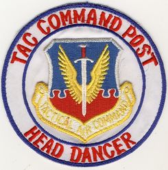 8th Tactical Deployment Control Squadron Tactical Air Command Airborne Command Post Head Dancer
"Head Dancer" was the nickname for the command's airborne extension of the ground-based TAC (and, later, ACC) Command Post at Langley AFB, VA. This platform provided an airborne communications capability for exercising command and control of Tactical Air Forces during deployment and redeployment operations worldwide. The aircraft were also used to provide emergency transportation for the Commander, TAC (and, later, ACC) and staff.

 This patch was constructed by attaching a TAC patch to the center and direct embroidering the remainder of the design
