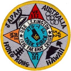 Air Task Group 1 (ATG-1) Far East Cruise 1956
Established as Air Task Group ONE (ATG-1) in Oct 1951. Disestablished on 23 Feb 1959.

28 May-20 Dec 1956, USS Lexington (CV-16)

Squadrons: Fighter Squadron FIVE TWO (VF-52) (F2H-3), Fighter Squadron ONE ELEVEN (VF-111), Attack Squadron ONE FIFTY ONE (VA-151)(F7U-3), Attack Squadron ONE NINETY SIX (VA-196)(AD-6), All Weather Attack Squadron THIRTY FIVE Detachment H (VA(AW)-35 Det-H), Carrier Airborne Early Warning Squadron ELEVEN Detachment H (VAW-11 Det-H), Heavy Attack Squadron SIX Detachment H (VAH-6 Det-H)(AJ-2), Light Photographic Squadron SIXTY ONE Detachment H (VFP-61 Det-H)(F9F-8P), Helicopter Squadron ONE Detachment 1 (HU-1 Det-1), Air Test and Evaluation Squadron FOUR Detachment H (VX-4 Det-H) & Guided Missile Group ONE Detachment (GMGRU-1 Det) (FJ-4).

