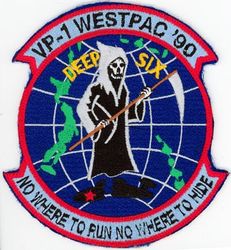 Patrol Squadron 1 (VP-1) WESTPAC CRUISE 1990
VP-1 "Screaming Eagles"
1990 
Established as VB-128 on 15 Feb 1943.
Redesignated VPB-128 on 1 Oct 1944; VP-128 on 15 May 1946; VP-ML-1 on 15 Nov 1946; VP-1 (5th VP-1) on 1
Sep 1948.
Lockheed P-3C MOD Orion
