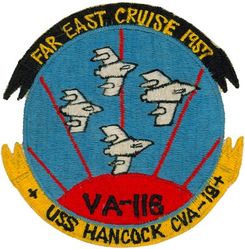 Attack Squadron 116 (VA-116) FAR EAST CRUISE 1957
Established as Attack Squadron ONE HUNDRED SIXTEEN (VA-116) “Roadrunners” on 1 Dec 1955. Redesignated Attack Squadron ONE HUNDRED FORTY FOUR (VA-144) (1ST) on 23 Feb 1959. Disestablished on 29 Jan 1971. 

Insignia approved on 23 Feb 1956.

Vought F7U-3M Cutlass, 1955-1957
North American FJ-4B Fury, 1957-1962 
Douglas A-4C/E/F Skyhawk, 1962 -1971

