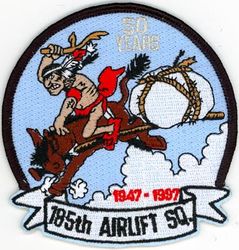 185th Airlift Squadron 50th Anniversary
Constituted as the 620th Bombardment Squadron (Dive) on 25 Jan 1943. Activated on 4 Feb 1943. Redesignated 506th Fighter-Bomber Squadron on 10 Aug 1943. Redesignated 506th Fighter Squadron on 30 May 1944. Inactivated on 9 Nov 1945. Redesignated 185th Fighter Squadron, and allotted to the National Guard on 24 May 1946. Organized on 18 Feb 1947. Extended federal recognition on 18 Dec 1947. Redesignated 185th Tactical Reconnaissance Squadron on 1 Feb 1951; 185th Fighter-Bomber Squadron on 1 Jan 1953; 185th Fighter-Interceptor Squadron 1 Jul 1955; 185th Air Transport Squadron, Heavy c. 1 Apr 1961; 185th Military Airlift Squadron on 1 Jan 1966; Redesignated 185th Tactical Airlift Squadron on 10 Dec 1974; 185th Airlift Squadron c. 16 May 1992; 185th Air Refueling Squadron on 1 Oct 2008; 185th Special Operations Squadron on 1 Oct 2015-.
