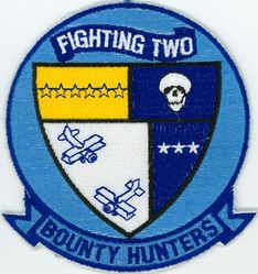 Fighter Squadron 2 (VF-2)
Established as Fighter Squadron TWO (VF-2) "Bounty Hunters" on 14 Oct 1972. Redesignated Strike Fighter Squadron TWO (VFA-2) on 1 Jul 2003-.

Grumman F-14A/D Tomcat, 1972-2003

17 Sep 1974-20 May 1975, USS Enterprise (CVAN-65), CVW-14, F-14A	
30 Jul 1976-28. March 1977, USS Enterprise (CVAN-65), CVW-14, F-14A	
4 Apr 1978-30 Oct 1978, USS Enterprise (CVAN-65), CVW-14	F-14A	
10 Sep 1980-5 May 1981, USS Ranger (CV-61), CVW-2, F-14A	
7 Apr 1982-18 Oct 1982, USS Ranger (CV-61), CVW-2, F-14A	
13 Jan 1984-1 Aug 1984, USS Kitty Hawk (CV-63), CVW-2, 	F-14A	
18 Aug 1986-20 Oct 1986, USS Ranger (CV-61), CVW-2, F-14A	
2 Mar 1987-29 Apr 1987, USS Ranger (CV-61), CVW-2, F-14A	
14 Jul 1987-30 Dec 1987, USS Ranger (CV-61), CVW-2, F-14A	
24 Feb 1989-24 Aug 1989, USS Ranger (CV-61), CVW-2, F-14A	
8 Dec 1990-8 Jun 1991, USS Ranger (CV-61), CVW-2, F-14A	
1 Aug 1992-31 Jan 1993, USS Ranger (CV-61), CVW-2, F-14A	
6 May 1994-30 Jun 1994, USS Constallation (CV-64), CVW-2, F-14D	
10 Nov 1994-10 May 1995, USS Constallation (CV-64), CVW-2, F-14D	
1 Apr 1997-1 Oct 1997, 	USS Constallation (CV-64), CVW-2, F-14D	
18 Jun 1999-18 Dec 1999, USS Constallation (CV-64), CVW-2, F-14D	
16 Mar 2001-15 Sep 2001, USS Constallation (CV-64), CVW-2, F-14D	
2 Nov 2002-2 Jun 2003, 	USS Constallation (CV-64), CVW-2, F-14D

