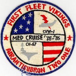 Air Anti-Submarine Squadron 21 (VS-21) Mediterranean Cruise 1975-1976
Established as Torpedo Squadron FORTY ONE (VT-41) on 26 Mar 1945. Redesignated Attack Squadron ONE E (VA-1E) on 15 Nov 1946. Attack Squadron ONE E (VA-1E) and Fighter Squadron ONE E (VF-1E) were merged into Composite Squadron TWO ONE (VC-21) on 1 Sep 1948. Redesignated Air Anti-Submarine Squadron TWO ONE (AIRASRON 21 or VS-21) on 23 Apr 1950; Sea Control Squadron TWO ONE (VS-21) on 1 Oct 1993. Disestablished on 28 Feb 2005.

28 Jun 1975-27 Jan 1976,  USS John F. Kennedy (CV-67), CVW-1. 	Lockheed S-3A Viking

