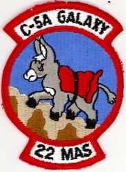 22d Military Airlift Squadron
Constituted as 22 Transport Squadron activated on 3 Apr 1942, prior to constitution on 4 Apr 1942. Redesignated as 22 Troop Carrier Squadron on 5 Jul 1942. Inactivated on 31 Jan 1946. Activated on 15 Oct 1946. Redesignated as: 22 Troop Carrier Squadron, Heavy, on 21 May 1948; 22 Military Airlift Squadron on 8 Jan 1966. Inactivated on 8 Jun 1969. Activated on 8 Feb 1972. Redesignated as 22 Airlift Squadron on 1 Nov 1991-. 
